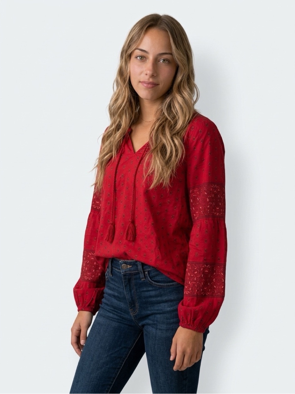 Red V-Neck Peasant Top